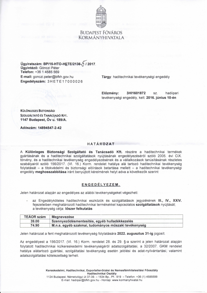 Haditechnikai tevékenységi engedély - lőszer felkutatás